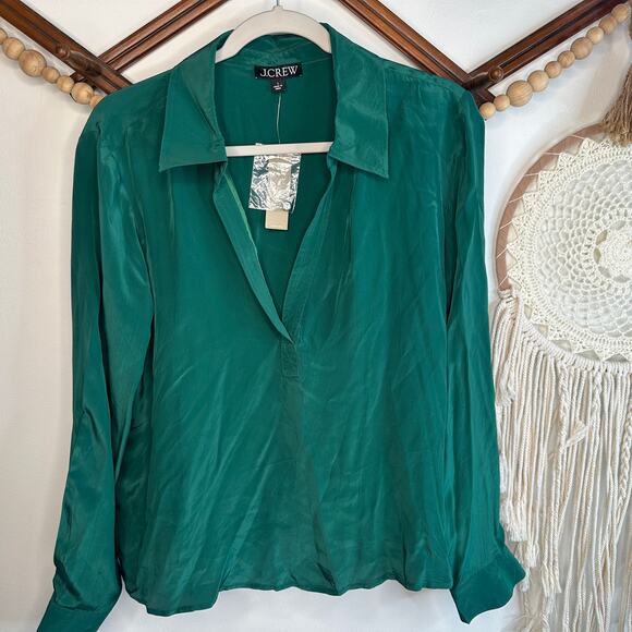 NEW J Crew Green Long Sleeve Popover Blouse - Picture 1 of 5